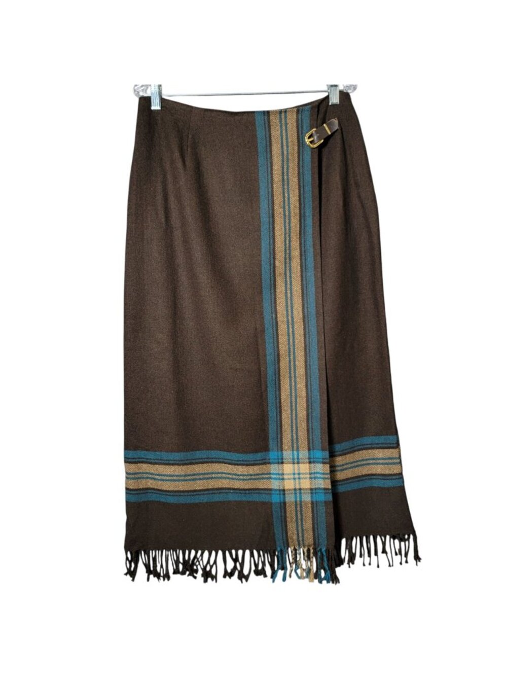 VTG Michele Womens Brown Teal Western Plaid Wool Blend Midi Wrap Fringe Skirt 12